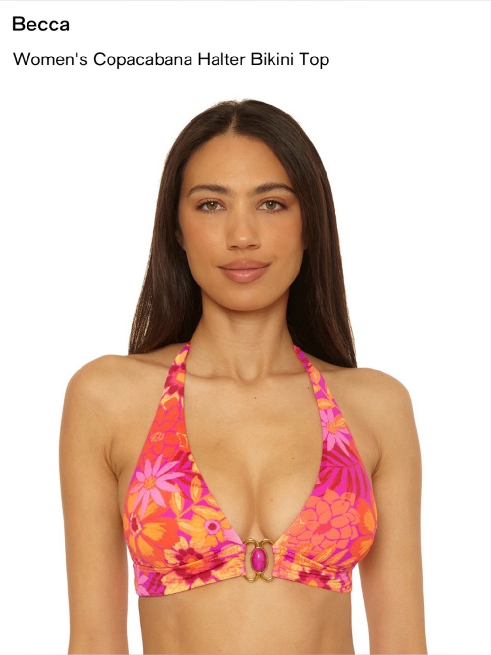 BECCA Pink & Orange Floral Halter Bikini Top with Gold Ring